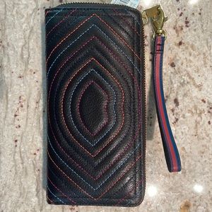 Fossil Black Leather Wristlet with multi-color stitched lips